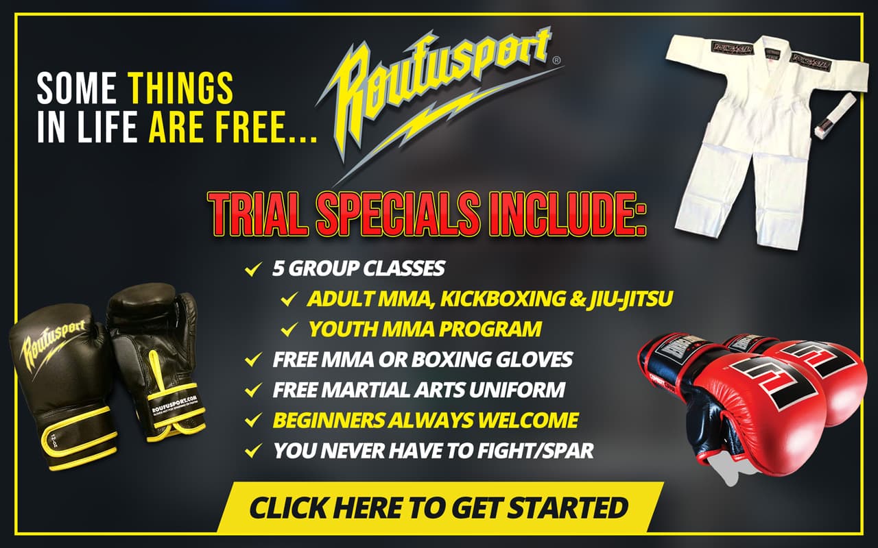 Exterior or interior of Roufusport MMA Milwaukee Mixed Martial Arts Kickboxing Muay Thai Jiu Jitsu BJJ Boxing Fitness Gym Kids Adults Ages 6+